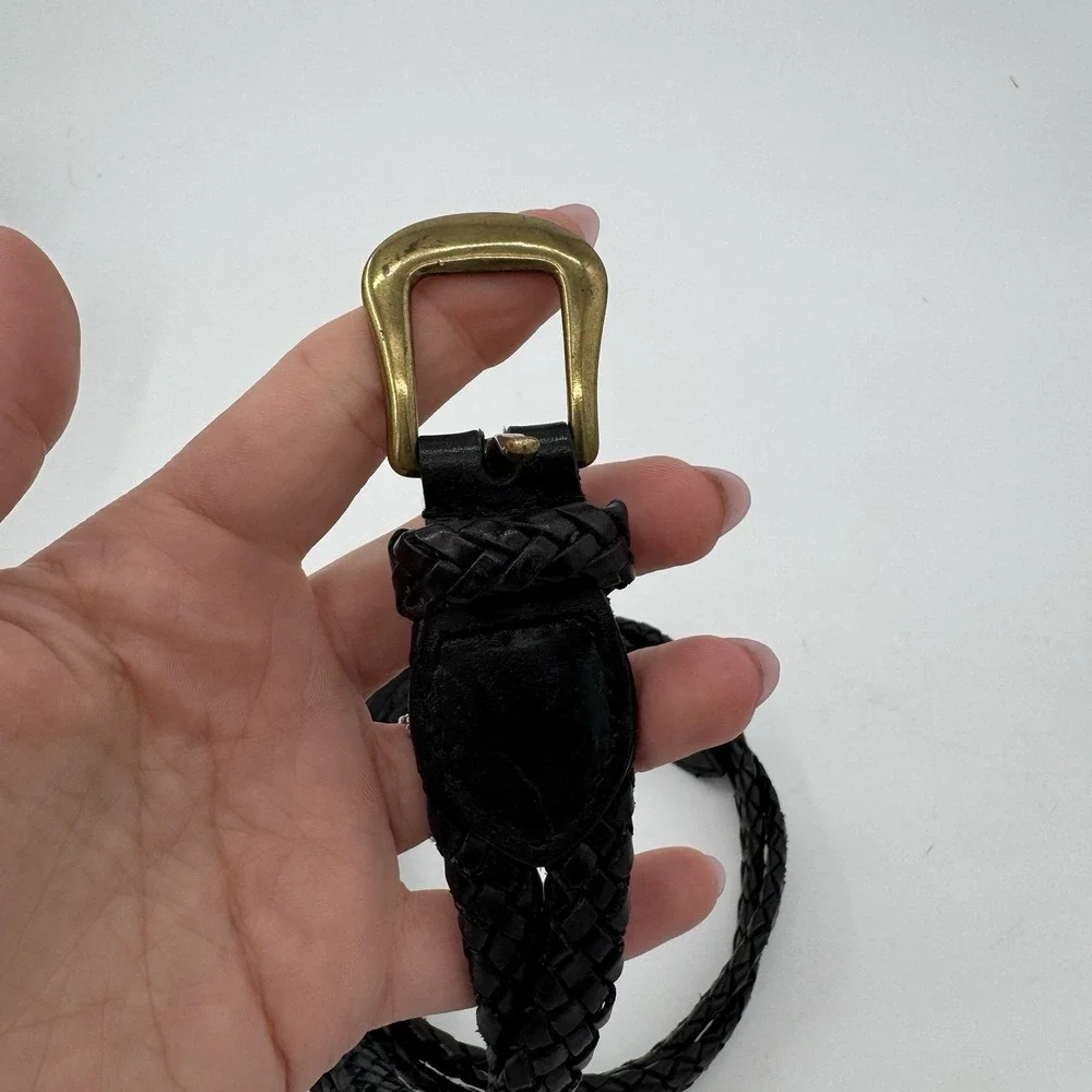 Talbots Genuine Leather Braided Belt Solid Brass Buckle Black XS VTG 6309‎ Boho